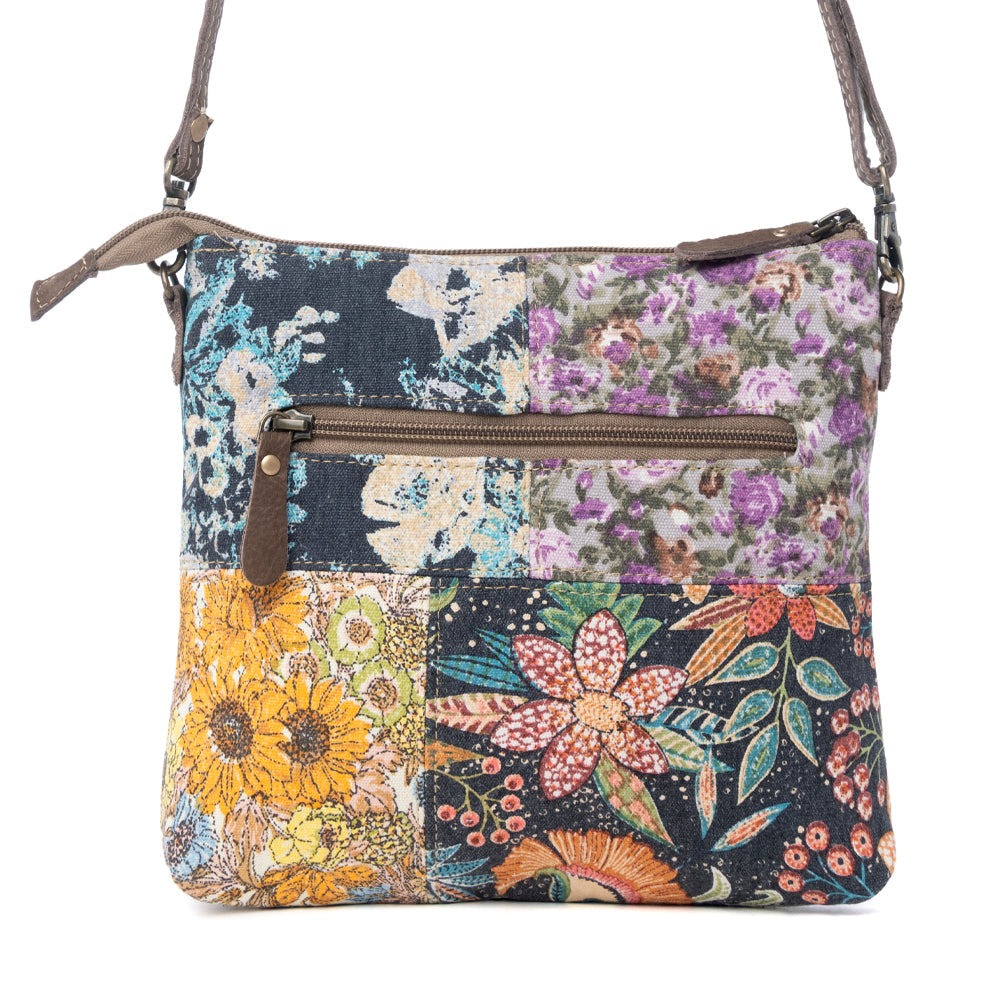 Myra La Fleur Patchwork Crossbody Bag â€“ Floral Canvas Panels, Brown Leather Accents, Boho Cowgirl Everyday Purse