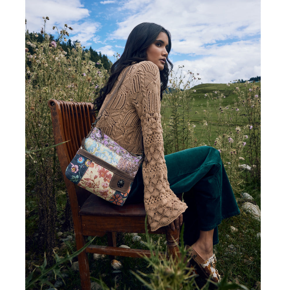 Myra La Fleur Patchwork Crossbody Bag â€“ Floral Canvas Panels, Brown Leather Accents, Boho Cowgirl Everyday Purse