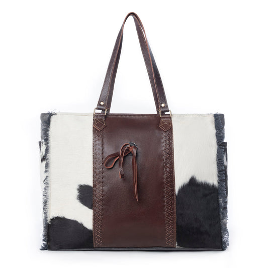 Myra Rosalinda Cross Stitched Hairon Leather Weekender Bag - Spacious Travel Tote with Stitch Trim and Durable Shoulder Straps