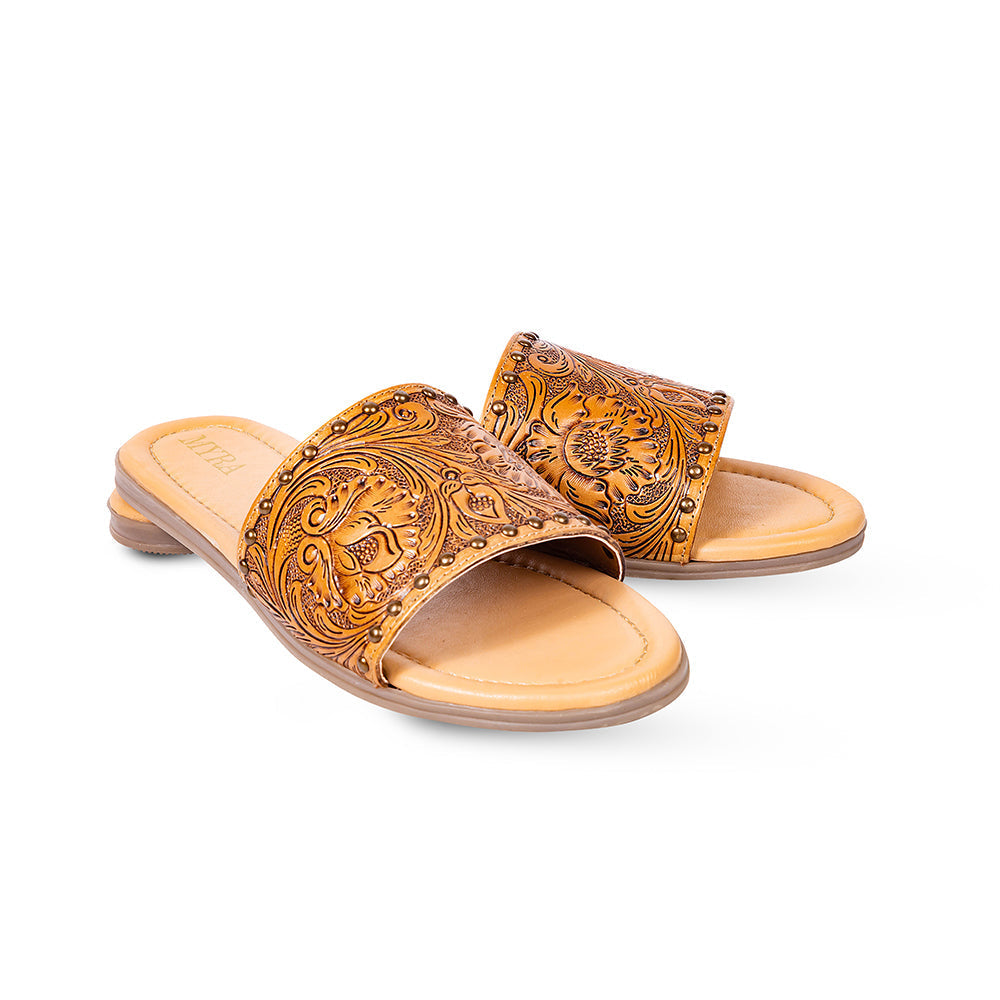 Myra Kasandra Handtooled Leather Slip-Ons for Women – Western Slides with Tooled Floral Design and Padded Insole