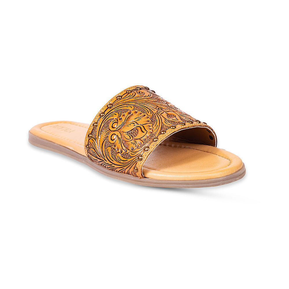 Myra Kasandra Handtooled Leather Slip-Ons for Women – Western Slides with Tooled Floral Design and Padded Insole