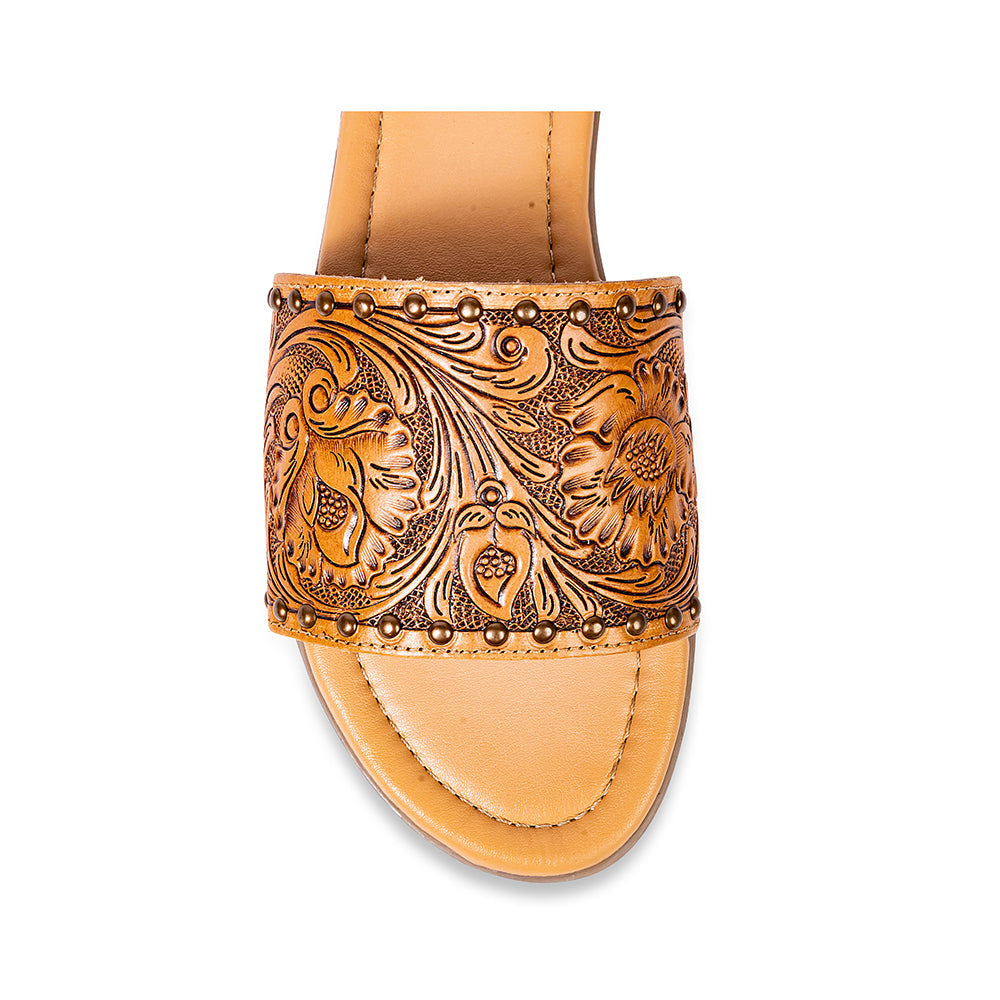 Myra Kasandra Handtooled Leather Slip-Ons for Women – Western Slides with Tooled Floral Design and Padded Insole