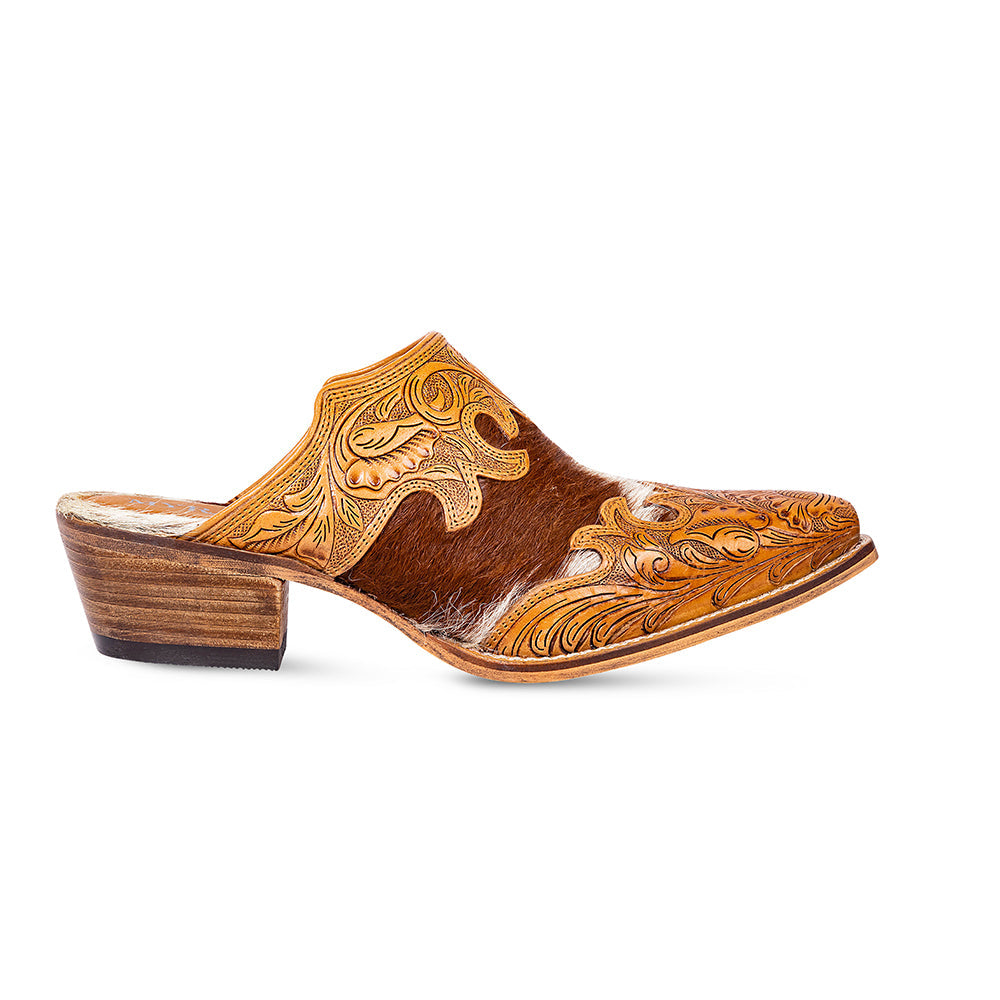 Myra Lacey Leather Mules for Women - Handtooled Leather Mid Top with Hairon Accents for Everyday Rodeo Elegance