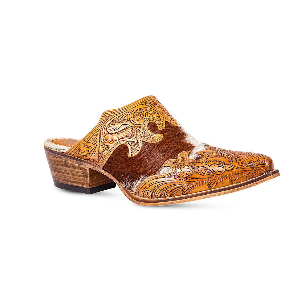Myra Lacey Leather Mules for Women - Handtooled Leather Mid Top with Hairon Accents for Everyday Rodeo Elegance