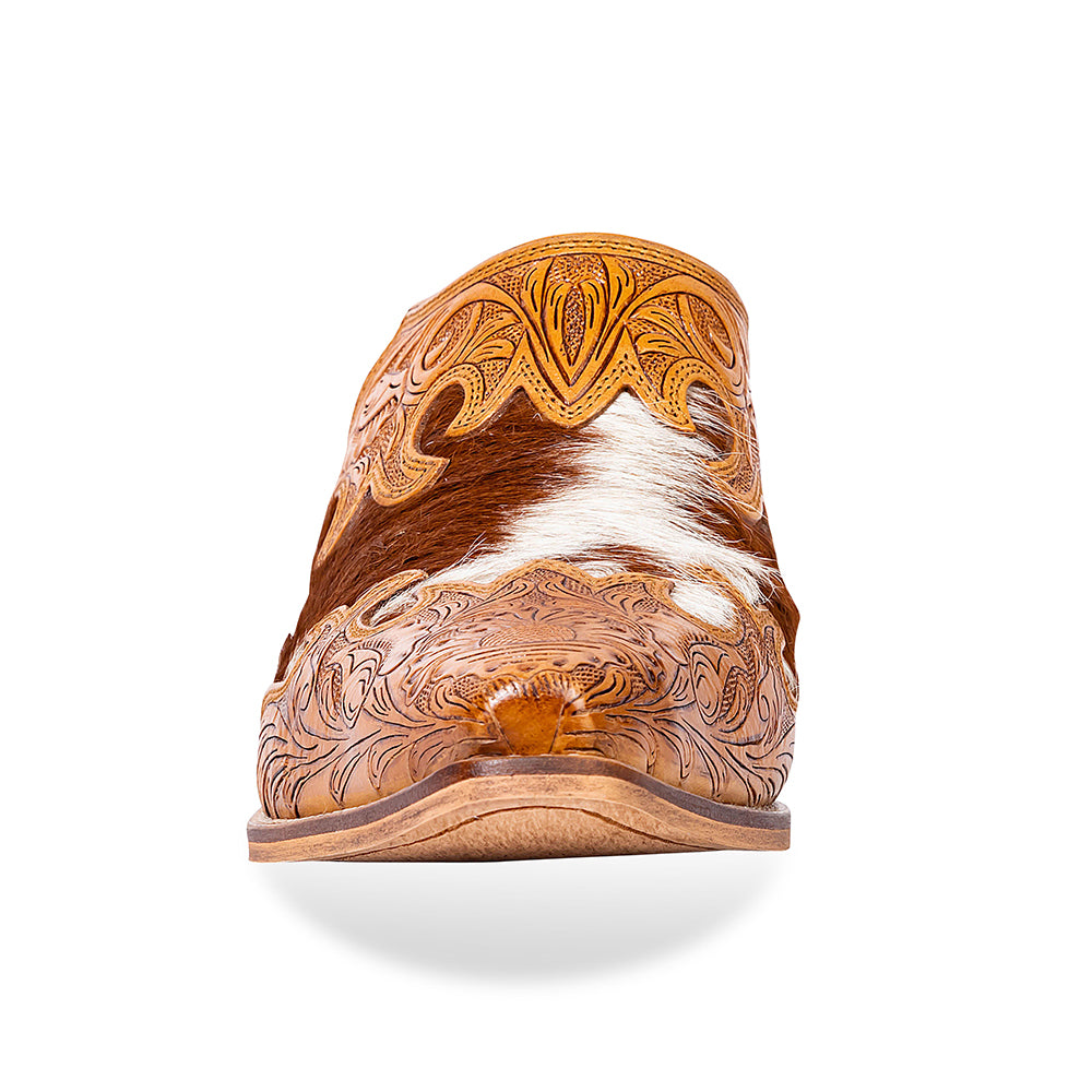 Myra Lacey Leather Mules for Women - Handtooled Leather Mid Top with Hairon Accents for Everyday Rodeo Elegance