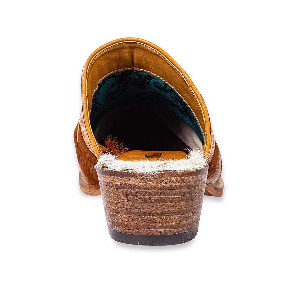 Myra Lacey Leather Mules for Women - Handtooled Leather Mid Top with Hairon Accents for Everyday Rodeo Elegance