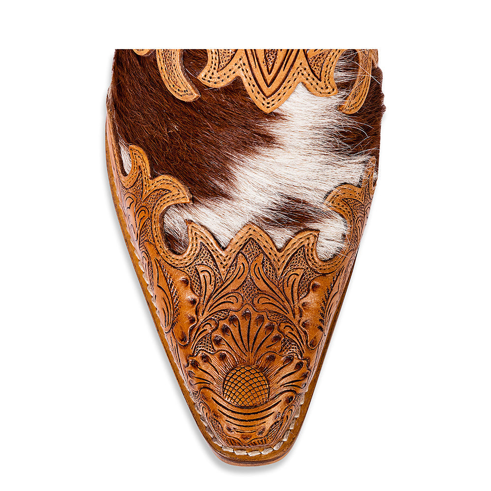 Myra Lacey Leather Mules for Women - Handtooled Leather Mid Top with Hairon Accents for Everyday Rodeo Elegance