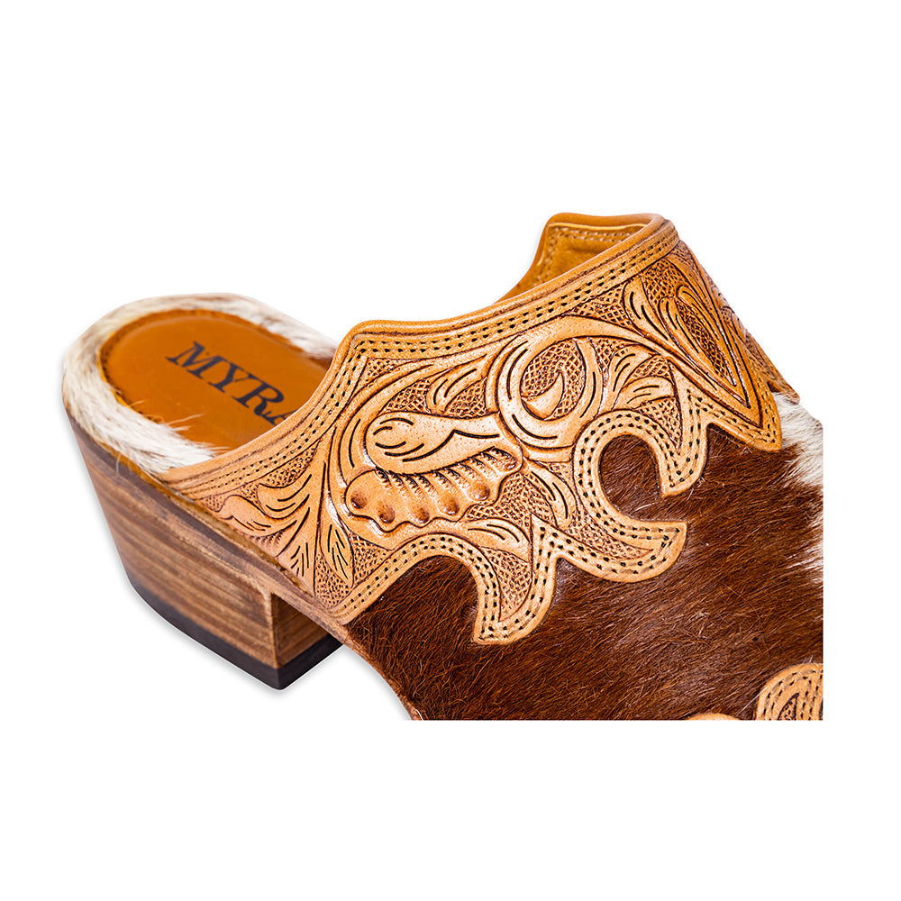 Myra Lacey Leather Mules for Women - Handtooled Leather Mid Top with Hairon Accents for Everyday Rodeo Elegance